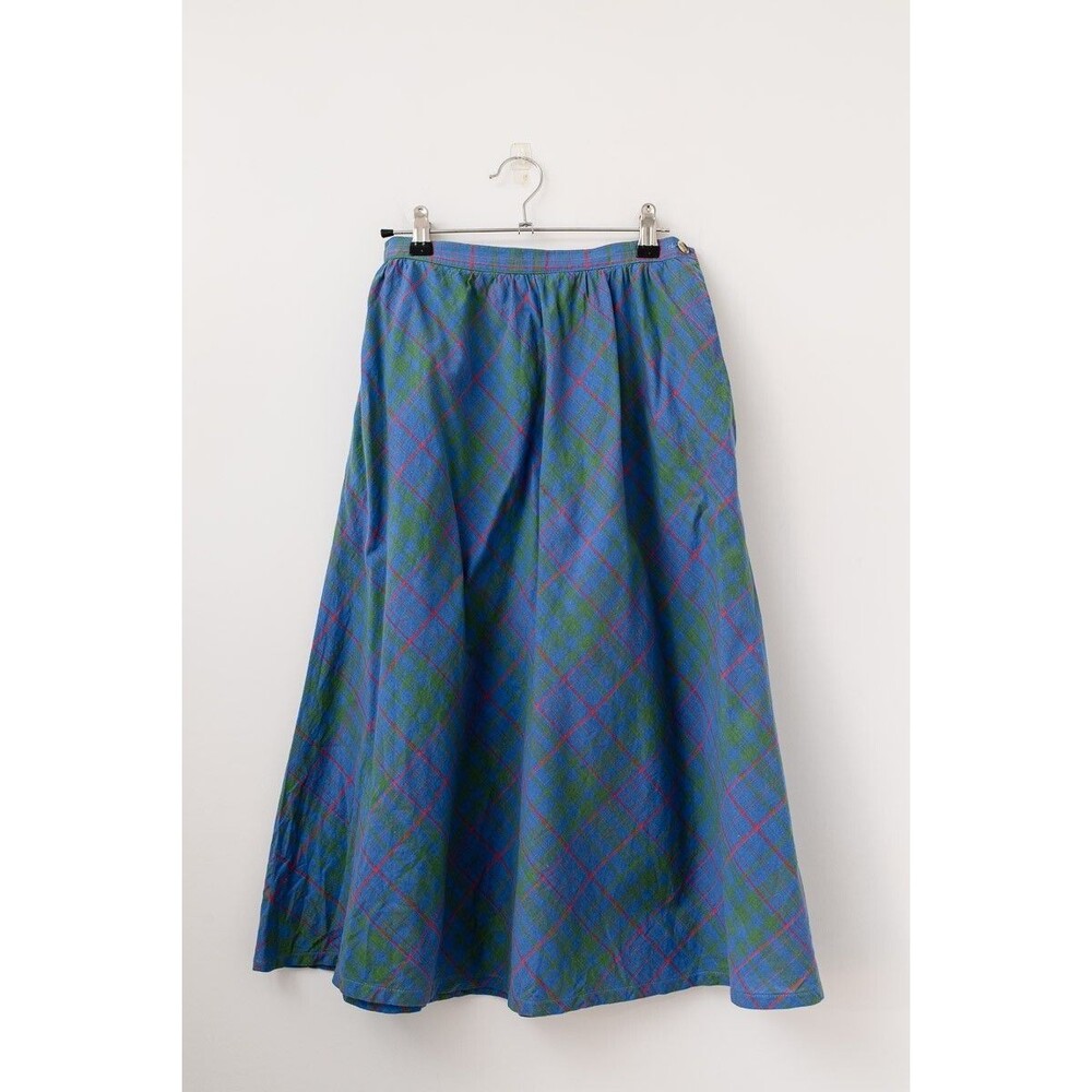 Gregge sport 100% cotton blue plaid long skirt A-line 8 (25-26 waist) VTG Wester